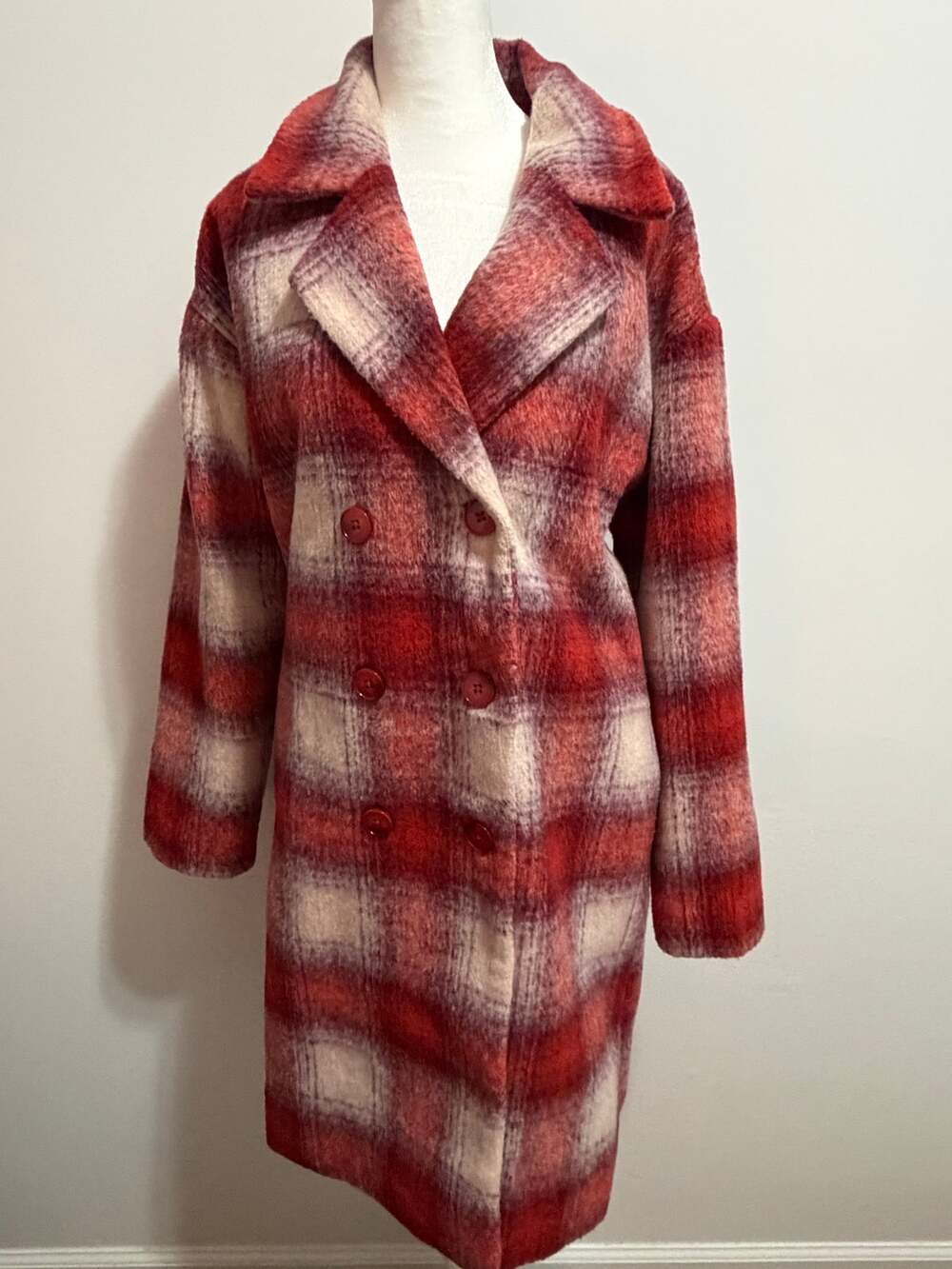 MINKPINK Red Cream Plaid Double Breasted Brushed Long Coat Size Small